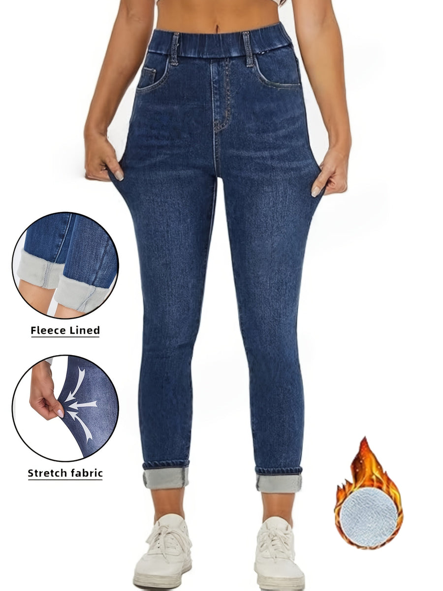 Fodrade Damjeans Skinny Fit – Blå Jeans med Mjukt Foder för Kallare Dagar