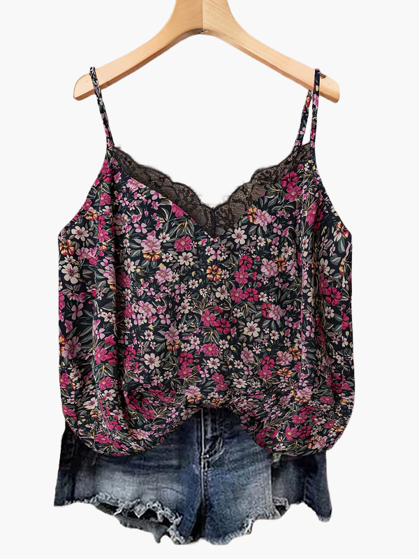Damlinne med blommigt mönster och spetsdetalj – Somrig topp för casual stil