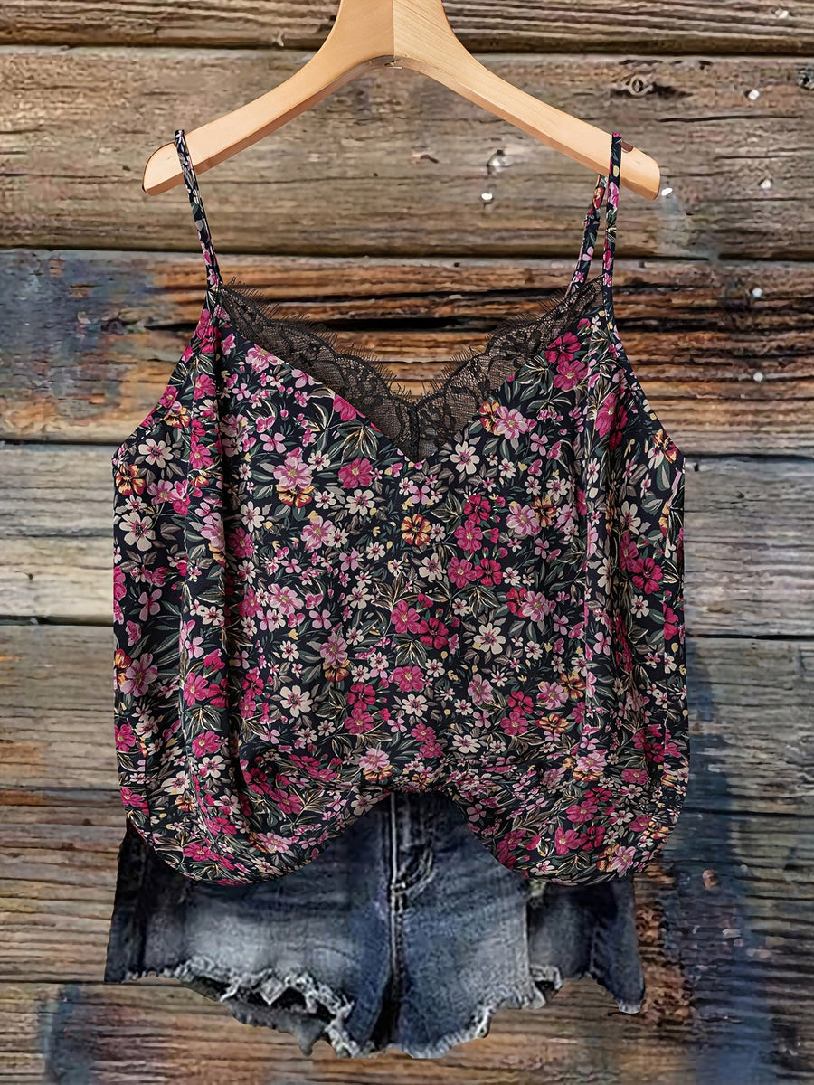 Damlinne med blommigt mönster och spetsdetalj – Somrig topp för casual stil
