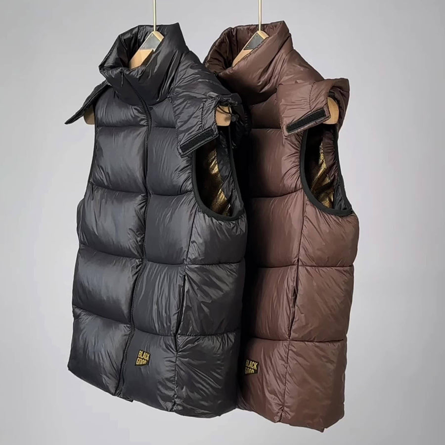 Unisex pufferväst med huva, blixtlås, brun