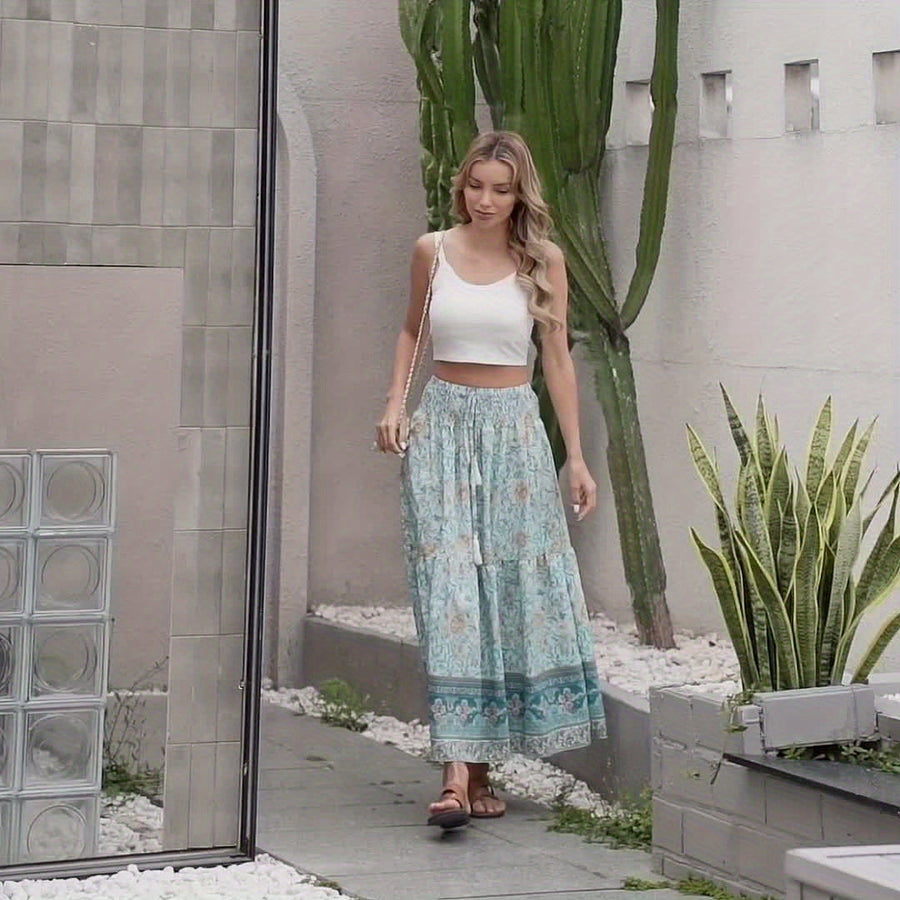 Dam Kjol Boho Lång Blommig Elegant Sommarmode Fickor