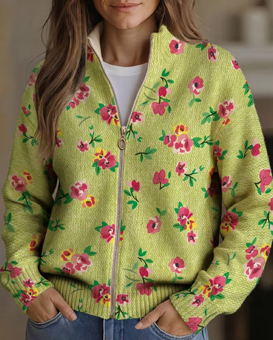 Damkofta med dragkedja, grön med blommönster