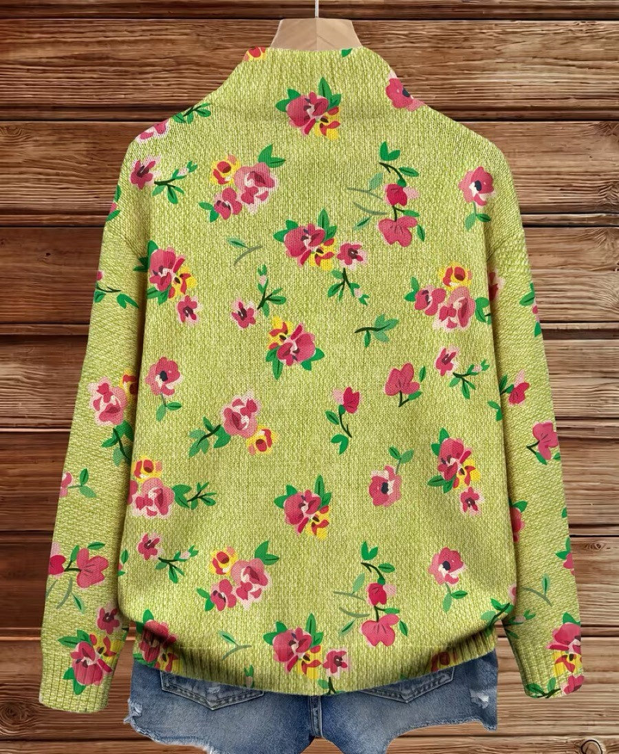 Damkofta med dragkedja, grön med blommönster