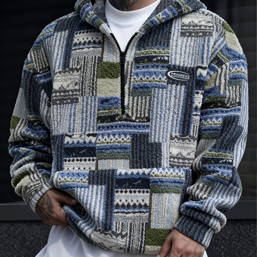 Hoodie med lapptäcksmönster och dragkedja i mjukt material