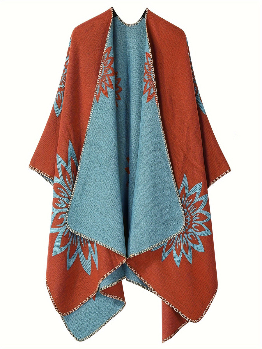Vändbar poncho med blommönster, svart och grå