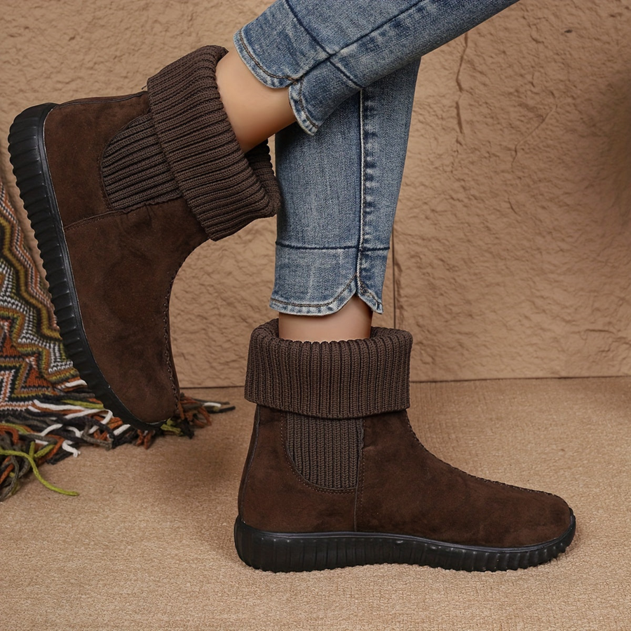Bruna ankelboots med stickad mudd för dam