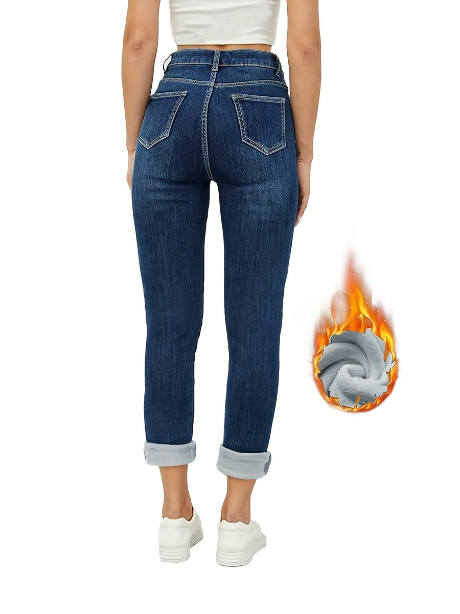 Damjeans med foder, mörkblå, slim fit, hög midja