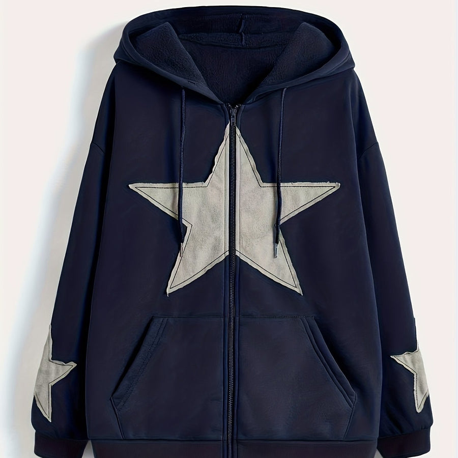 Brun Zip-up Hoodie med Huva och Stjärnmotiv – Rymlig Passform