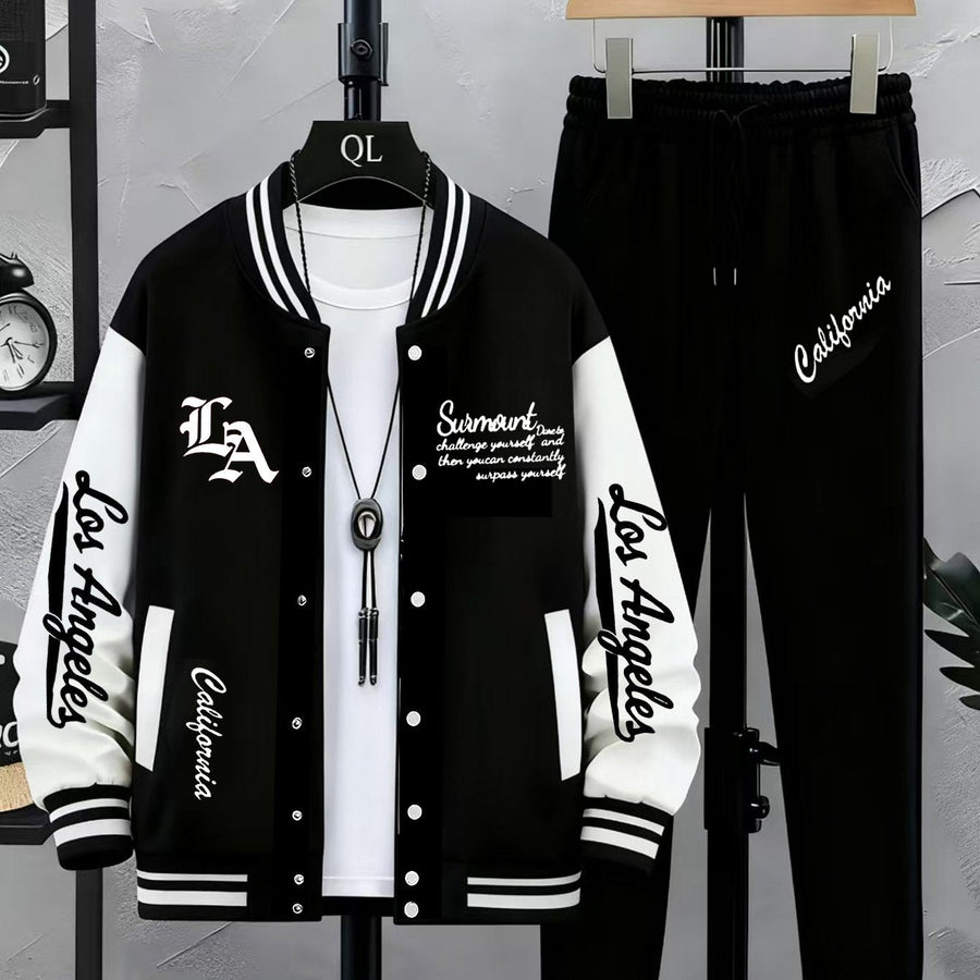 Unisex Varsity Träningsset med Tryck och Joggingbyxor, Tvåfärgad Jacka med Knappar