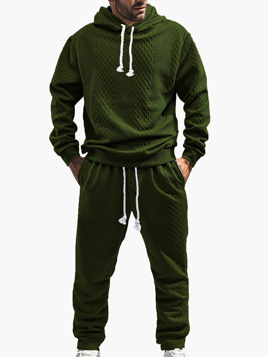 Rutigt Herr Set med Hoodie och Mjukisbyxor i Strukturerat Material