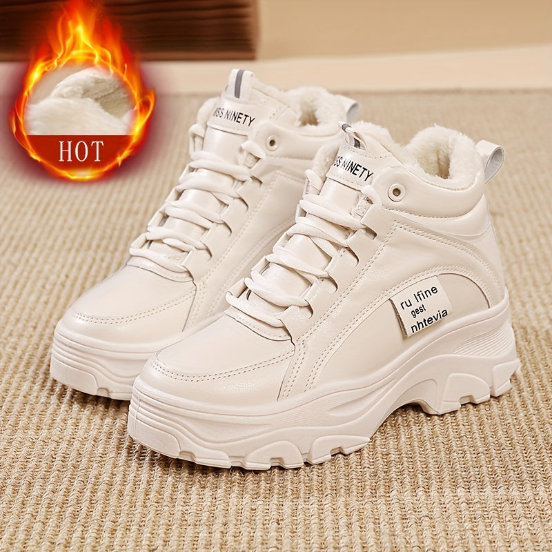 Dam sneakers, tjock sula, höga, fodrade vinterkängor i vitt eller beige
