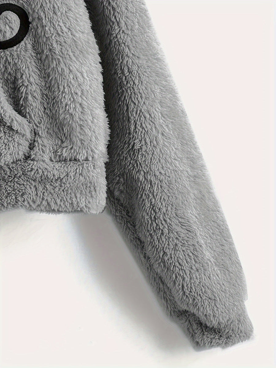 Grå fluffig hoodie med kattöron och kattapplikation, mjuk mysig tröja med huva