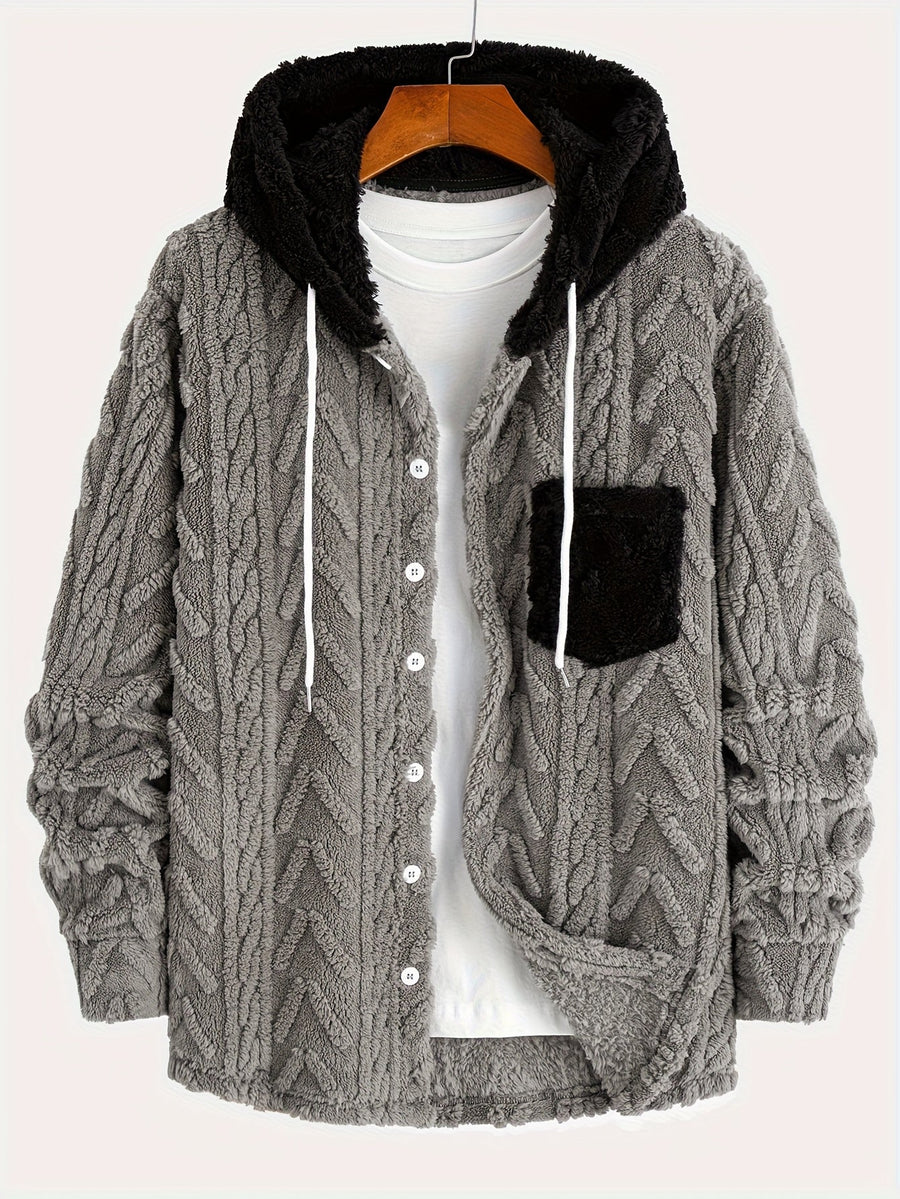 Hoodie i teddyfleece med knappar och ficka, fiskbensmönstrad