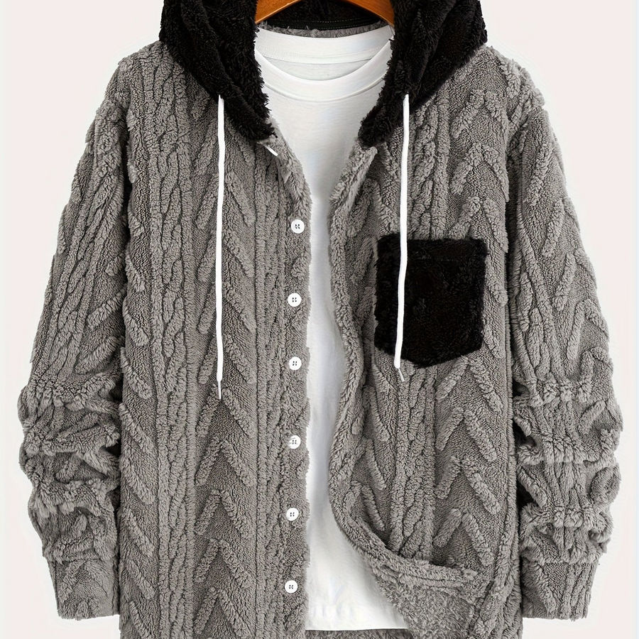 Hoodie i teddyfleece med knappar och ficka, fiskbensmönstrad