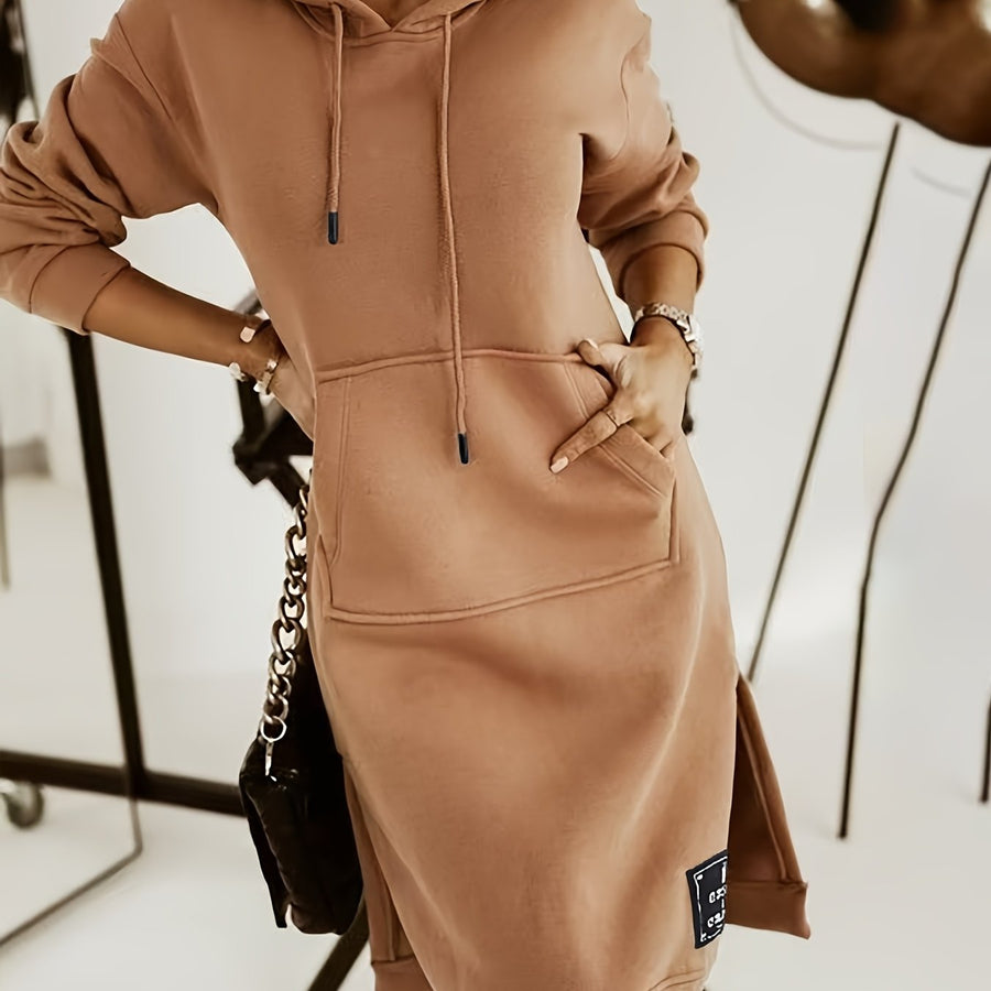 Dam Hoodiedress med Fickor, Lång Ärm och Sidosprund i Mjukt Material