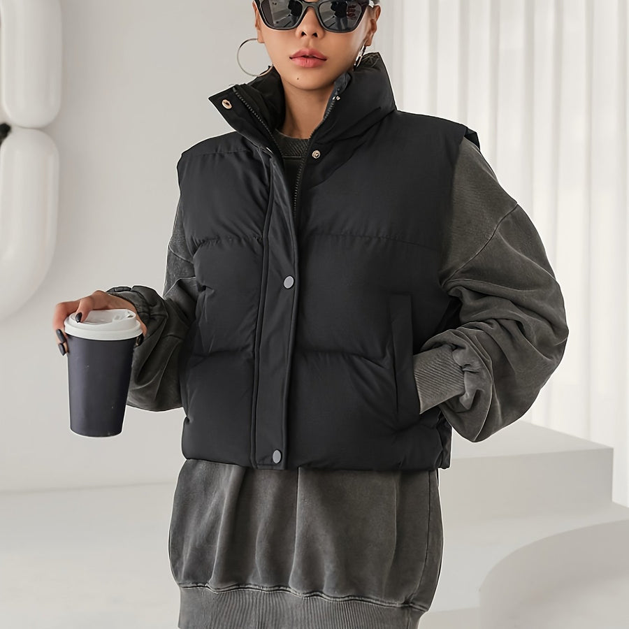 Kort Puffer Väst med Hög Krage för Dam, Beige