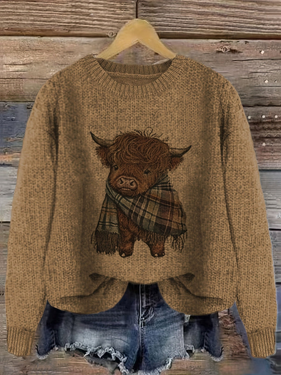 Women's Crew Neck Highland Cow Graphic Pullover Sweater