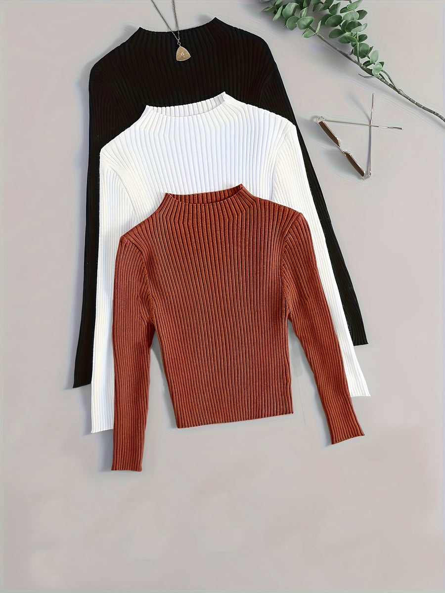 Ribbstickad damtröja med lång ärm och halvpolo, enfärgad design