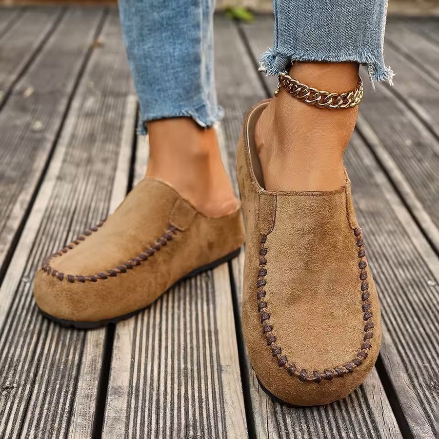Mockasin Toffel för Dam med Dekorativ Söm, Bekväm Slip-on Modell