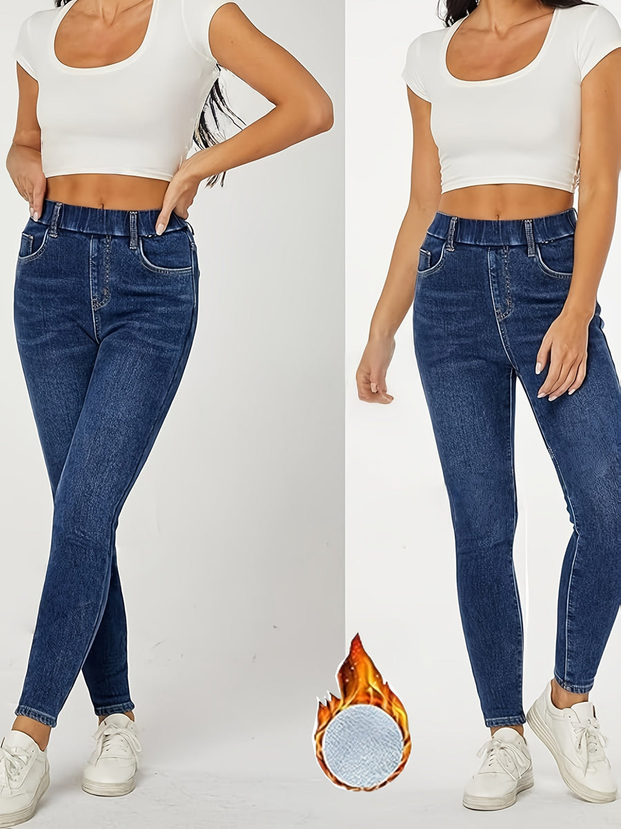 Fodrade Damjeans Skinny Fit – Blå Jeans med Mjukt Foder för Kallare Dagar