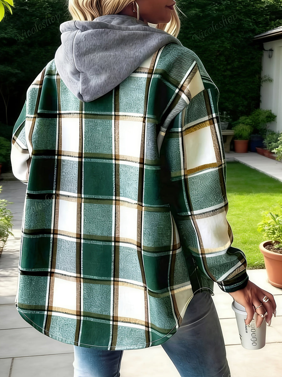 Rutig Overshirt med Huva i Grått och Grönt för Dam