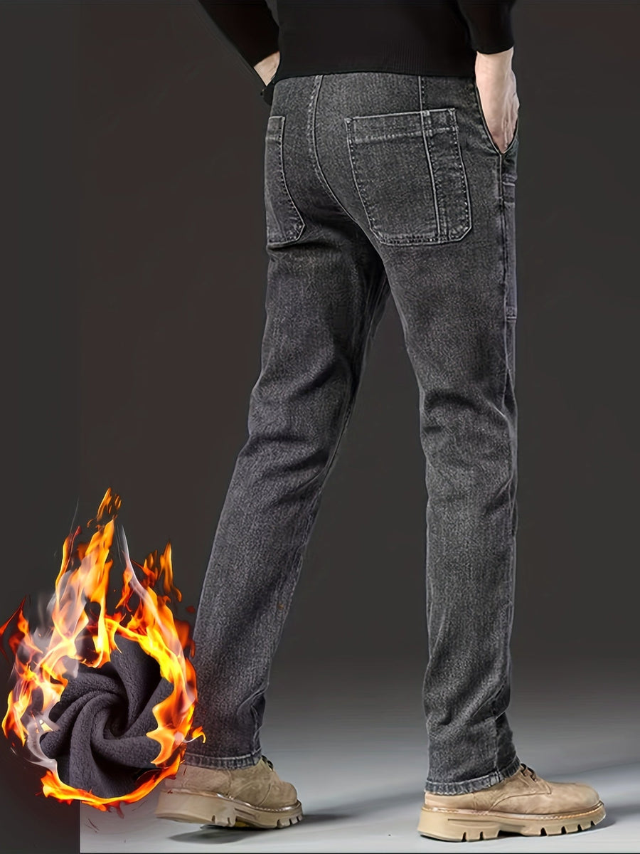 Herrjeans med fleecefoder svarta med raka ben och cargofickor
