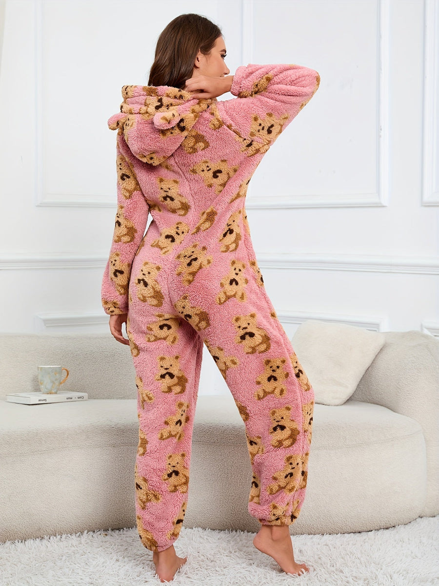 Rosa Fluffig Onesie med Björnmönster och Huva med Öron