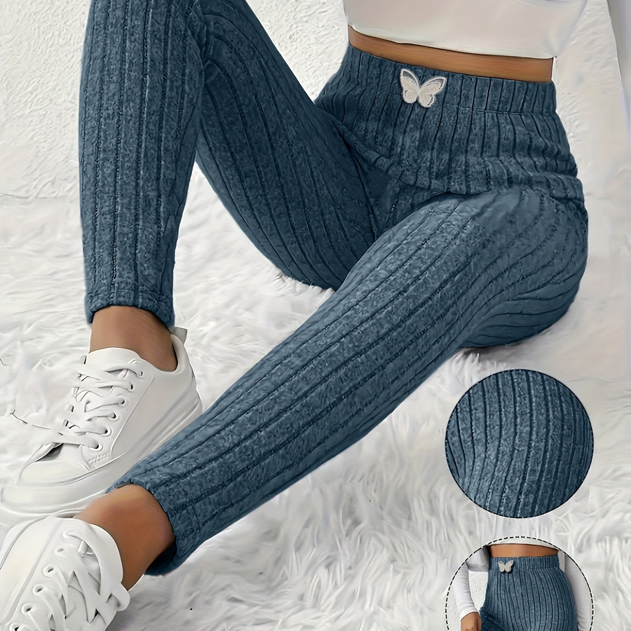 Gråa Dam Leggings med Ribbad Struktur och Fjärilsdetalj, Hög Midja