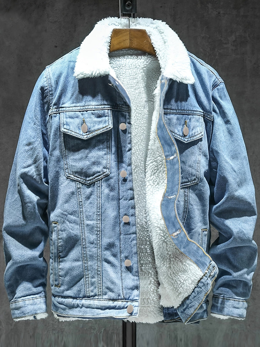 Jeansjacka med foder i teddytyg, ljusblå denim vinterjacka för män