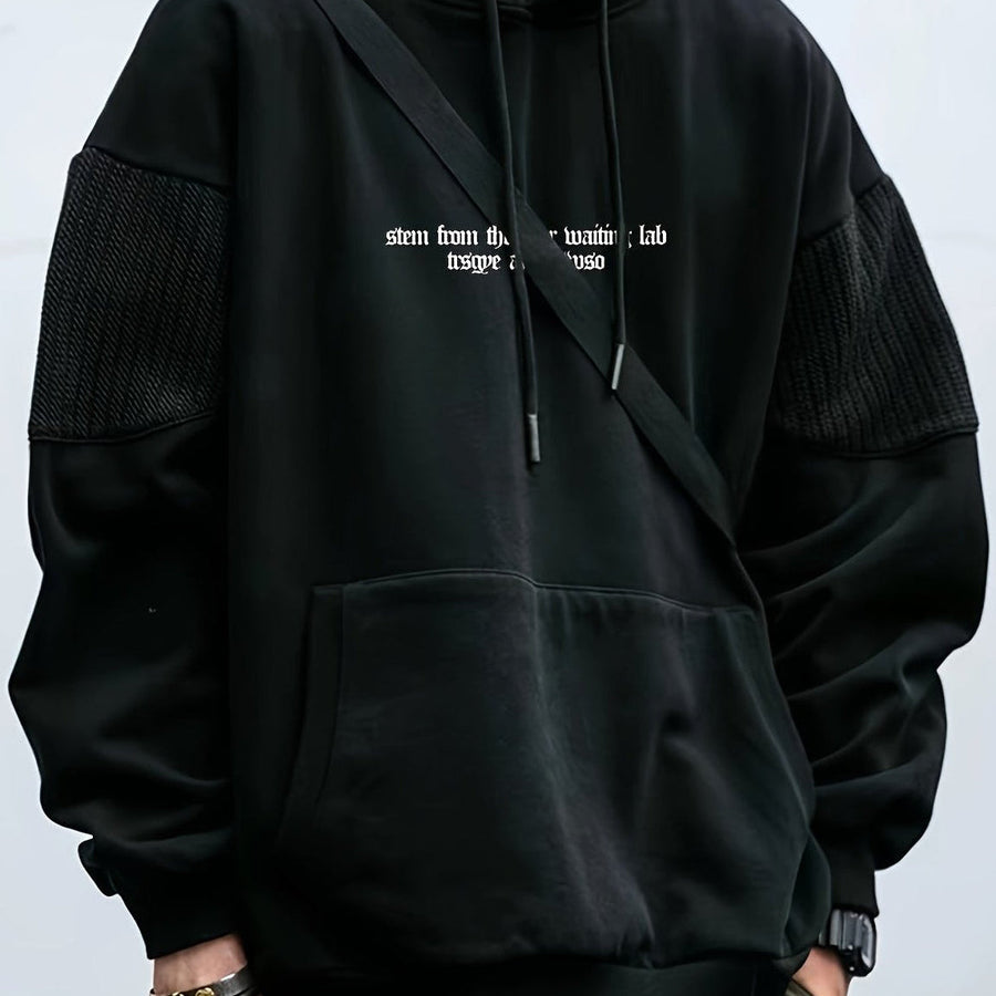 Herrhoodie med ficka och texttryck, stickade detaljer på ärmarna, khaki/svart