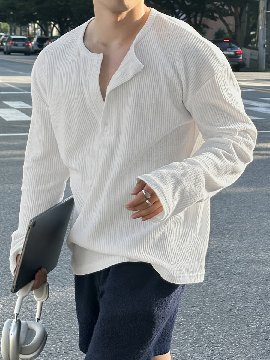 Herr långärmad tröja med strukturmönster och knappslå, Henley-modell