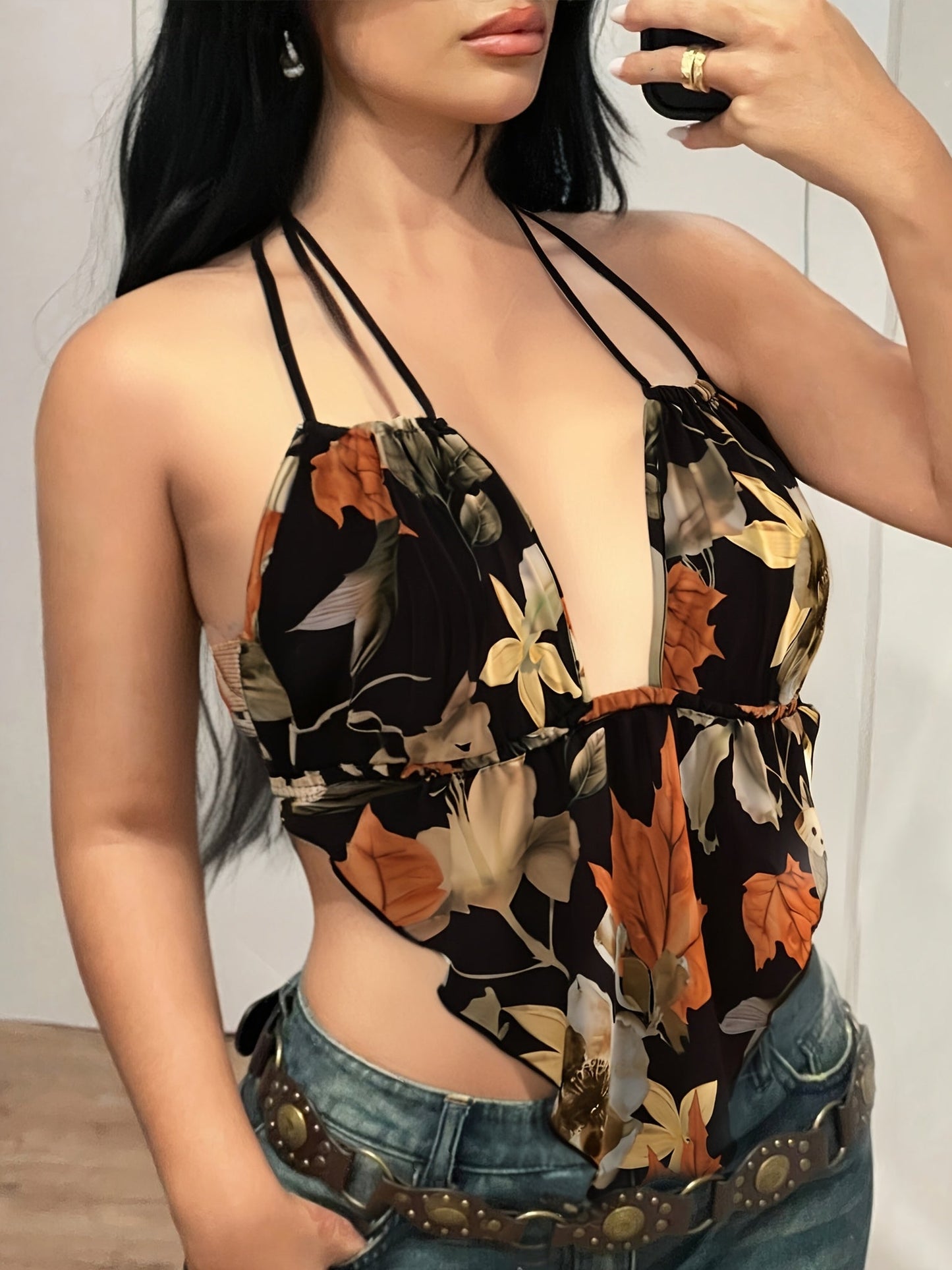 Dam Body – Djup V-ringning, Halterneck, Retro Blommig, Trendig Sommartopp