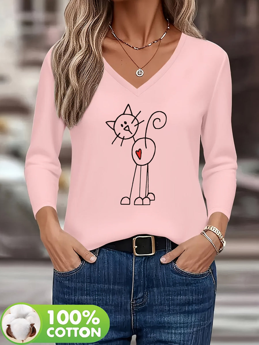 Dam T-shirt med lång ärm, V-ringning och kattryck