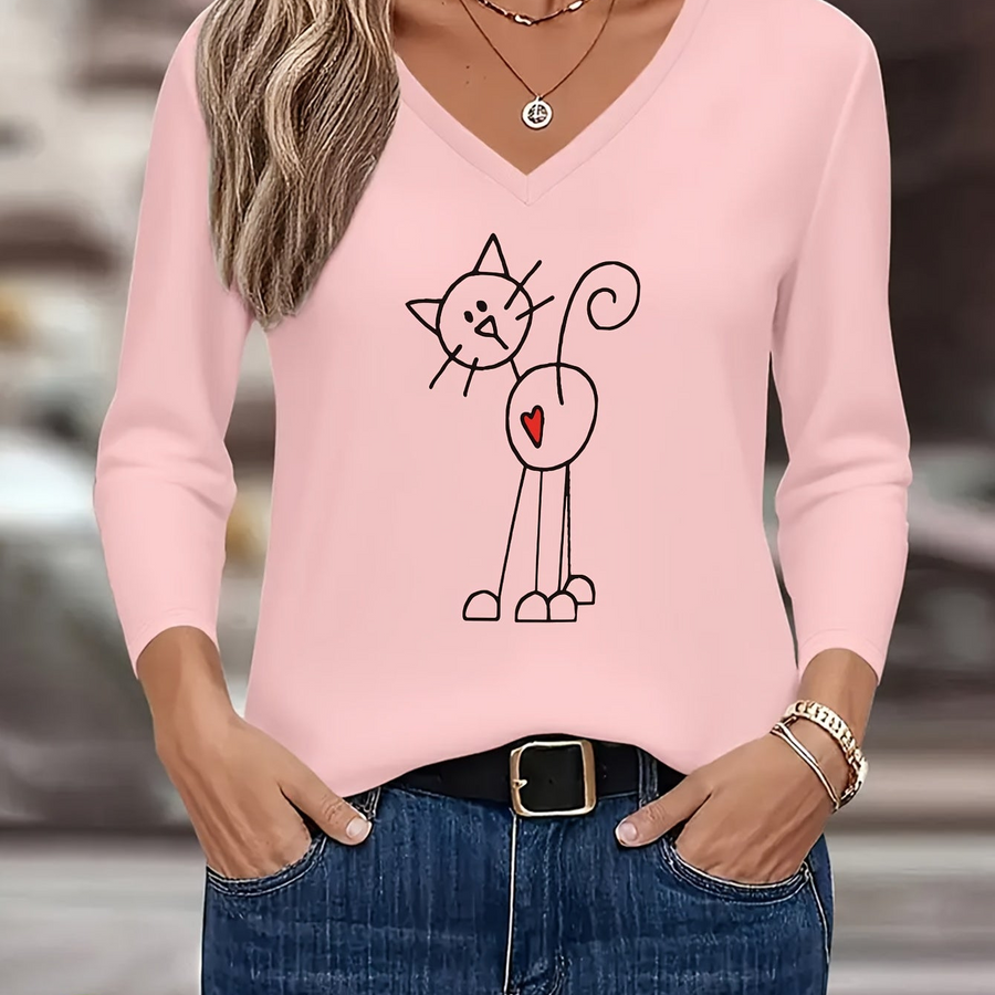 Dam T-shirt med lång ärm, V-ringning och kattryck