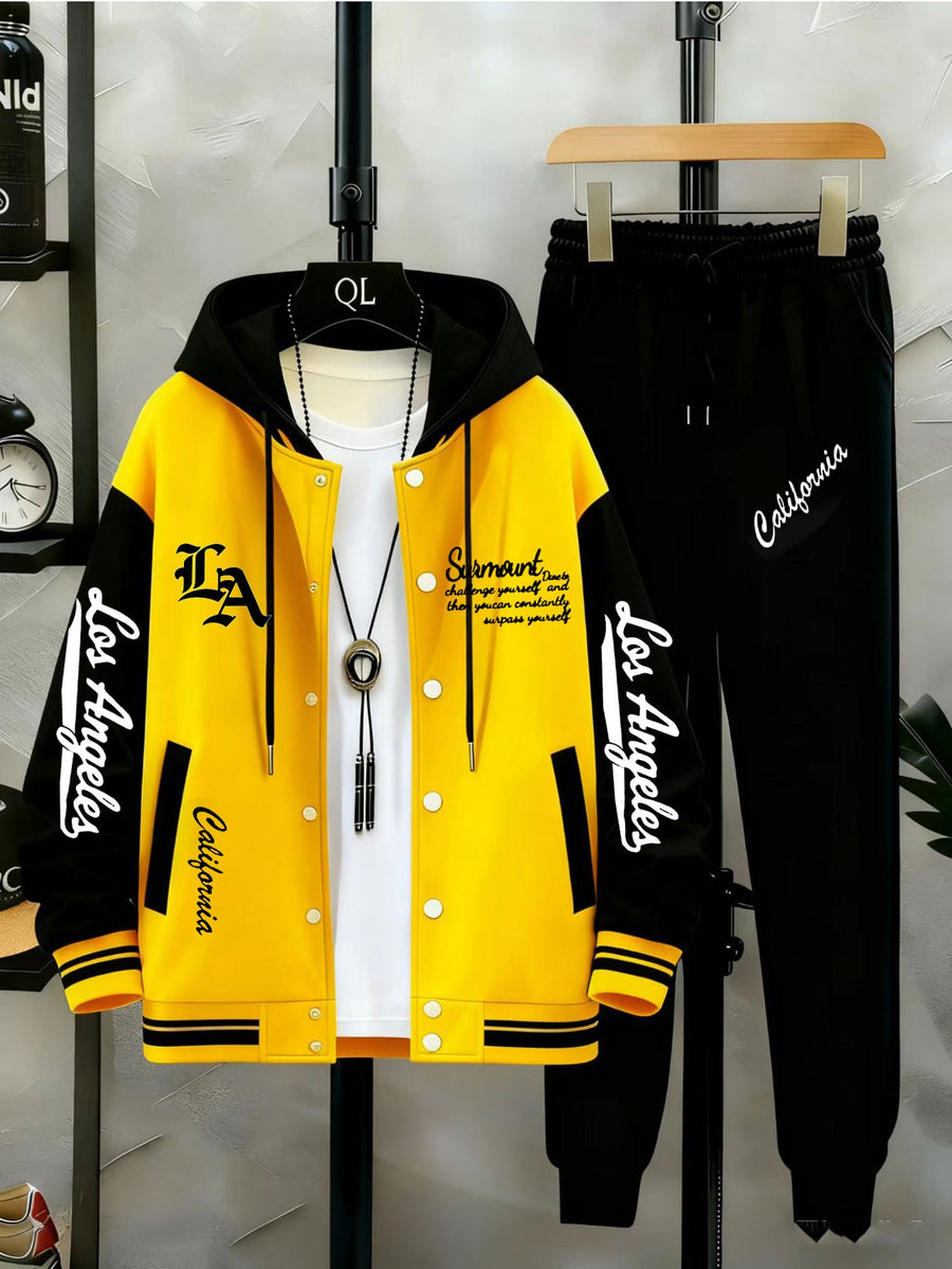 Unisex Varsity Träningsset med Tryck och Joggingbyxor, Tvåfärgad Jacka med Knappar