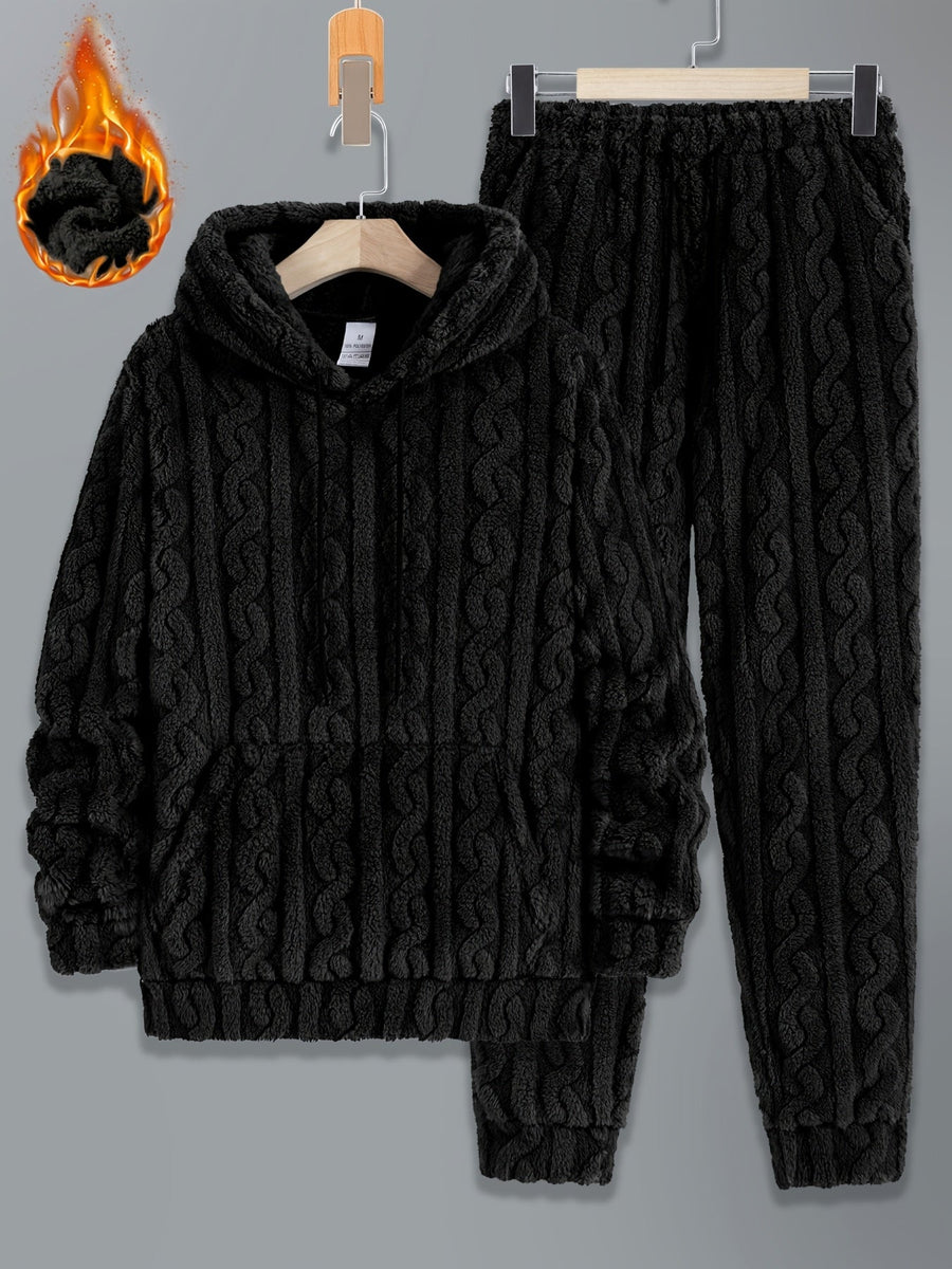 Herr Fluffig Hoodie och Byxor Set med Kabelstickat Mönster, Varm Mjuk Pyjamasdräkt