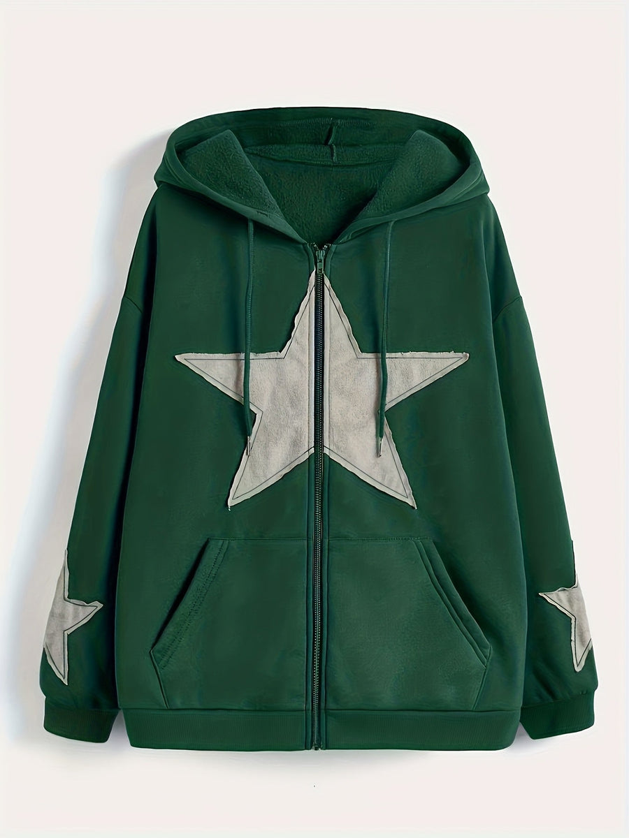 Brun Zip-up Hoodie med Huva och Stjärnmotiv – Rymlig Passform