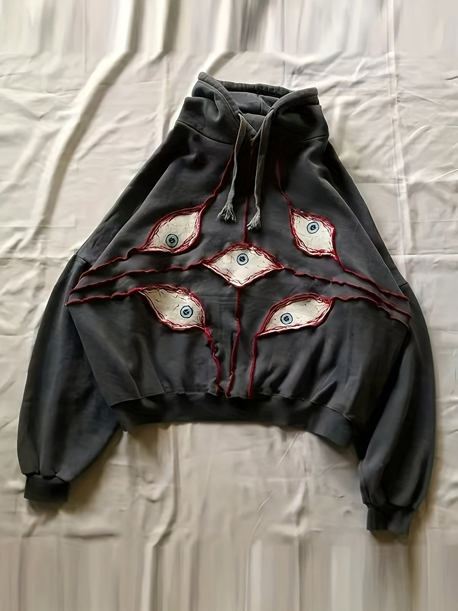 Hoodie med ögonmotiv och dragsko - Långärmad huvtröja