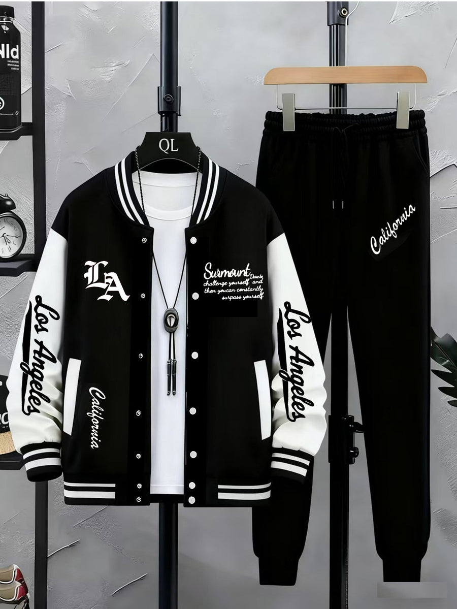 Unisex Varsity Träningsset med Tryck och Joggingbyxor, Tvåfärgad Jacka med Knappar