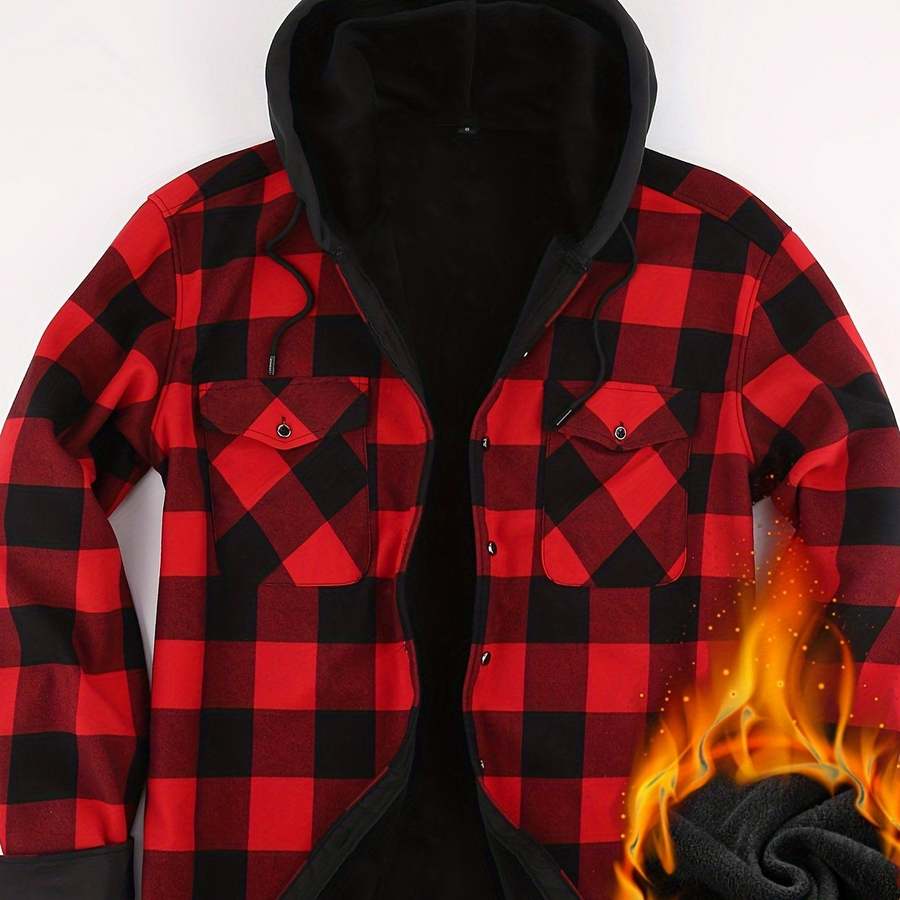 Men���s Plaid Hooded Thermal Flannel Shirt Jacket