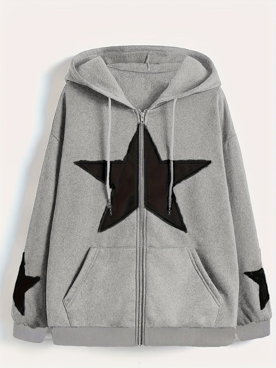 Brun Zip-up Hoodie med Huva och Stjärnmotiv – Rymlig Passform