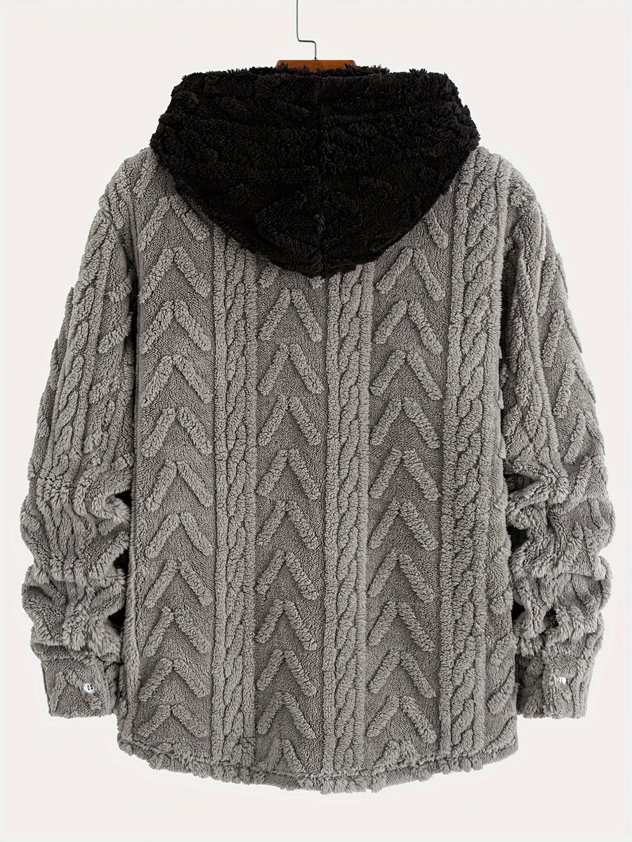 Hoodie i teddyfleece med knappar och ficka, fiskbensmönstrad