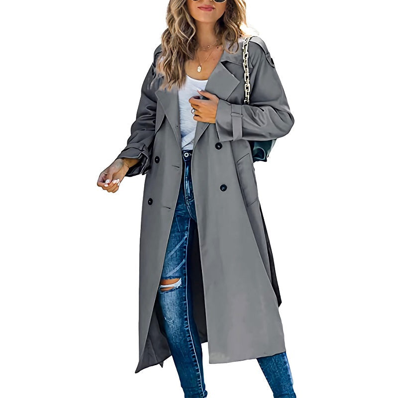 Lång dubbelknäppt trenchcoat för dam med krage