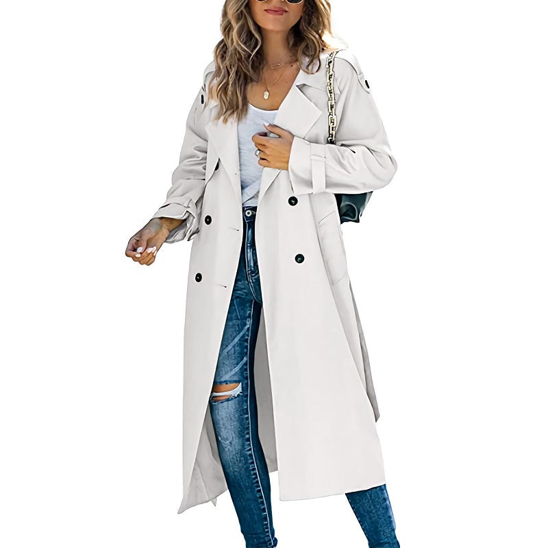 Lång dubbelknäppt trenchcoat för dam med krage