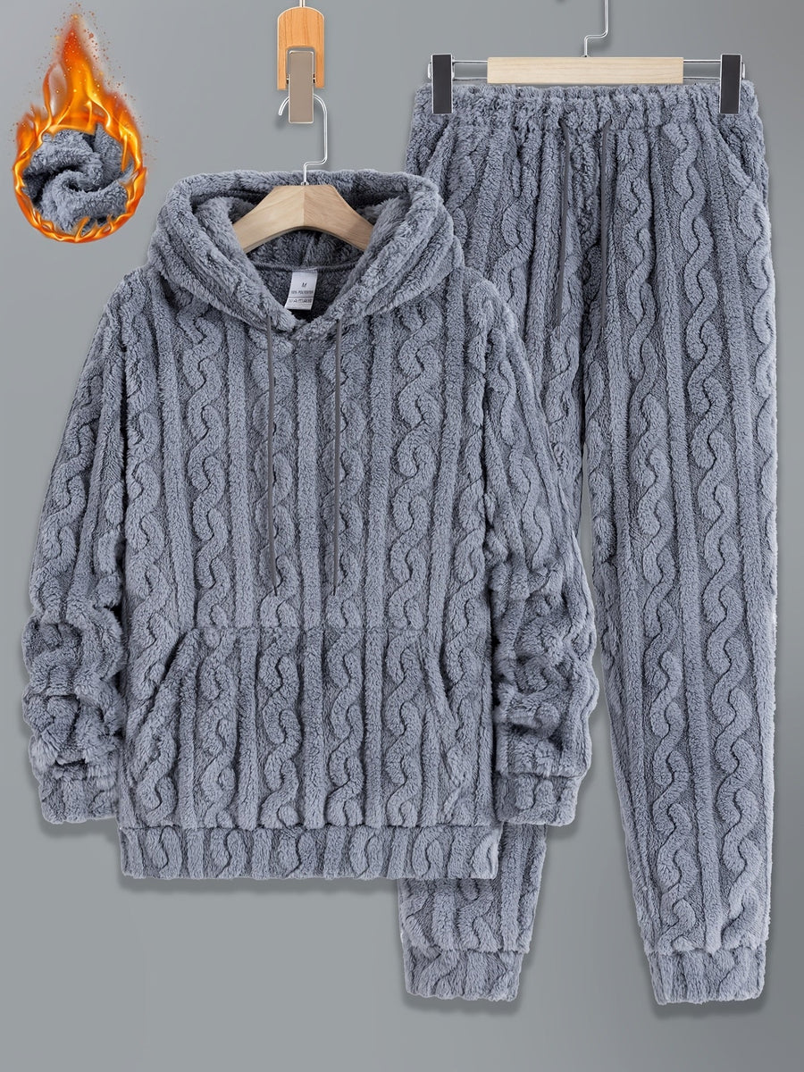 Herr Fluffig Hoodie och Byxor Set med Kabelstickat Mönster, Varm Mjuk Pyjamasdräkt
