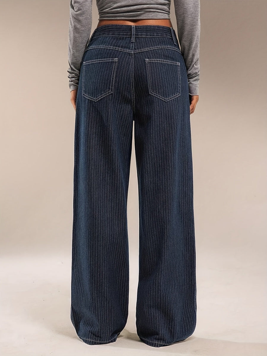 Mörkblå Ränder Vida Jeans för Dam