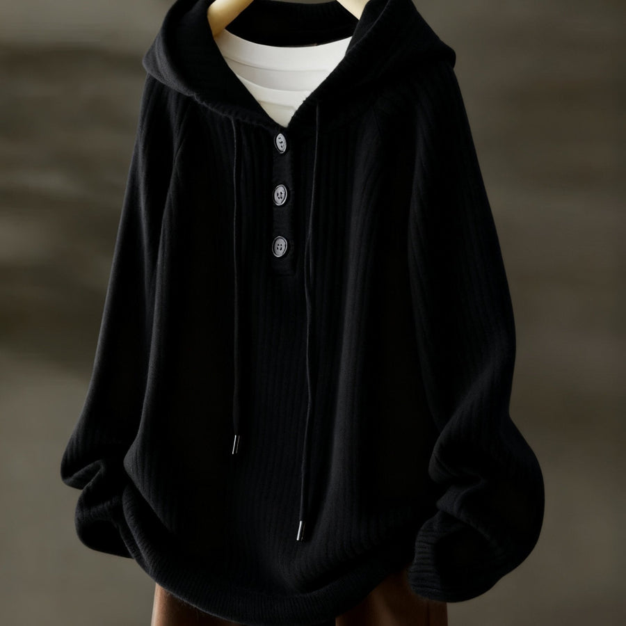 Ribbstickad damhoodie med knappar och huva, Långärmad stickad tröja
