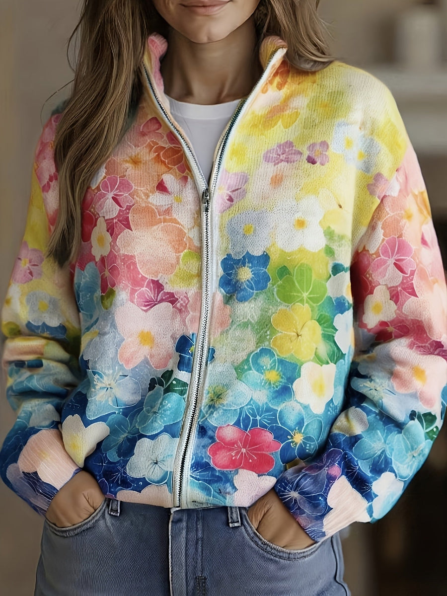 Dam Floral Mönstrad Jacka med Hel Dragkedja Flerfärgad