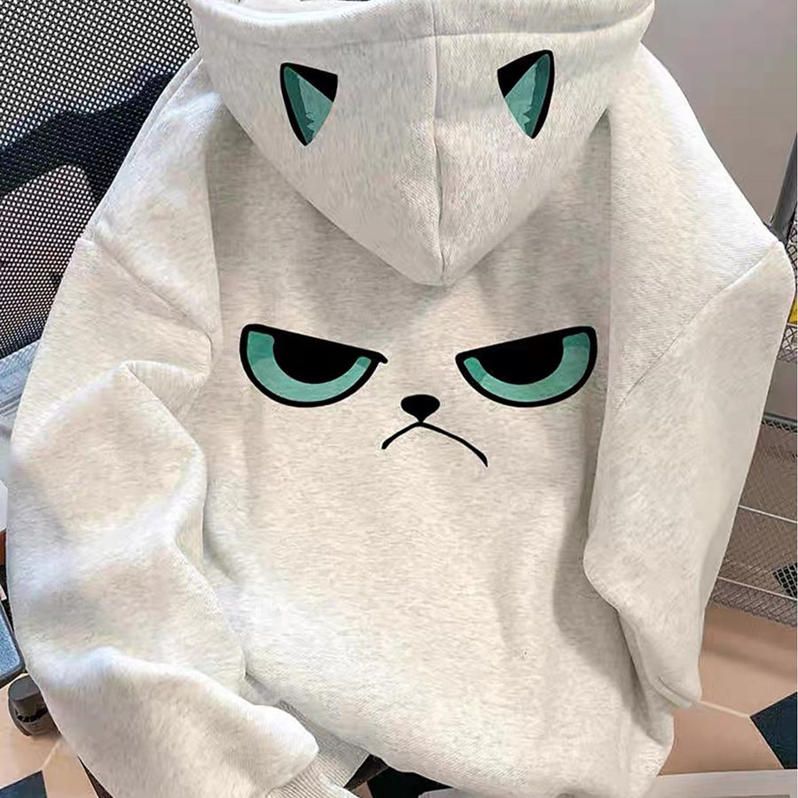 Ljusgrå huvtröja med "grumpy cat" tryck och öron på huvan