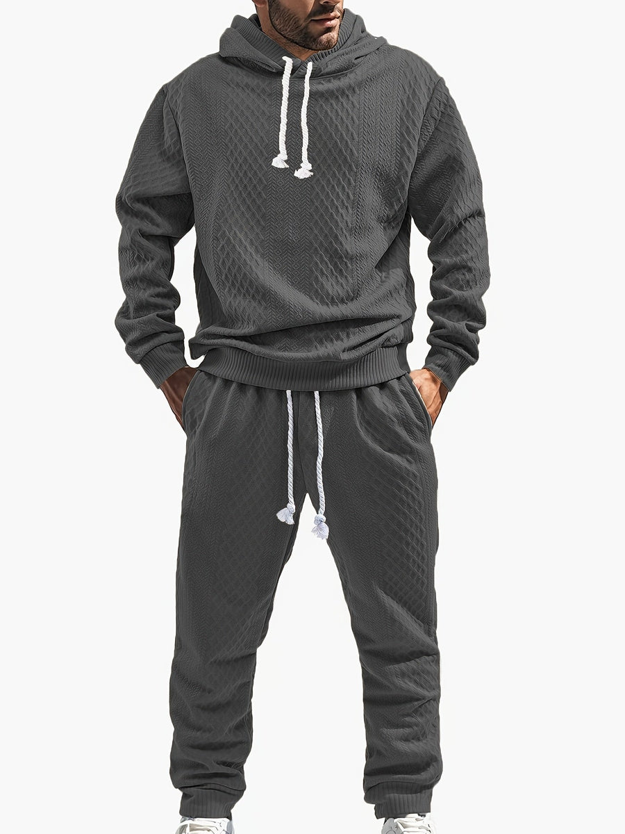 Rutigt Herr Set med Hoodie och Mjukisbyxor i Strukturerat Material